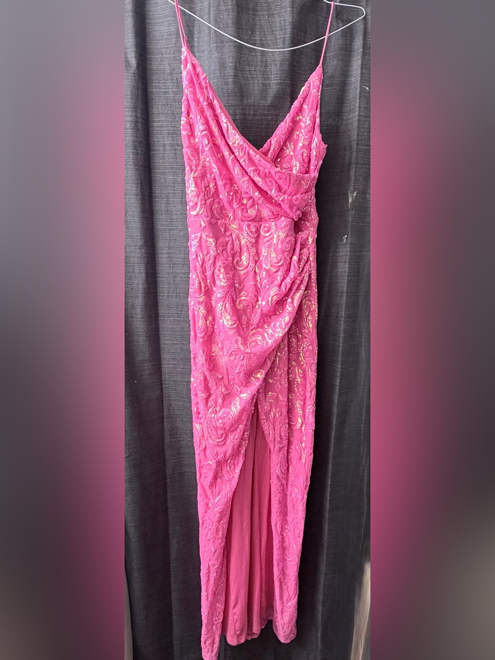 Elegant Pink Sequin Draped Slip Dress